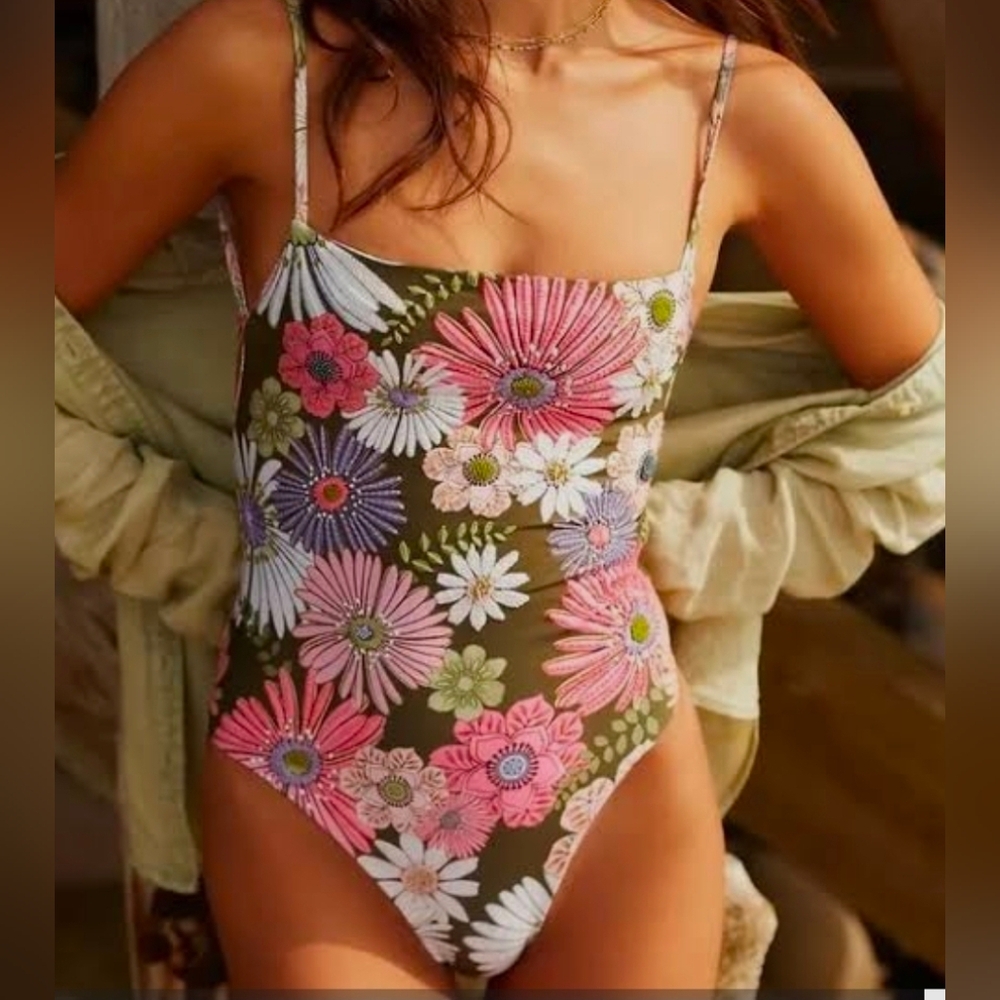 Agua Bendita Olive Floral One-Piece Swimsuit with Pink, White & Purple Flowers